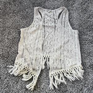 Boho Crochet Lace Fringe Vest Cream Open Front Festival Layering Top Women’s